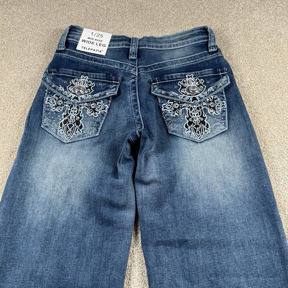 Telepatia Juniors 1/25 Mid Rise Wide Leg Jeans Rhinestone Embroider Pockets - Picture 5 of 10